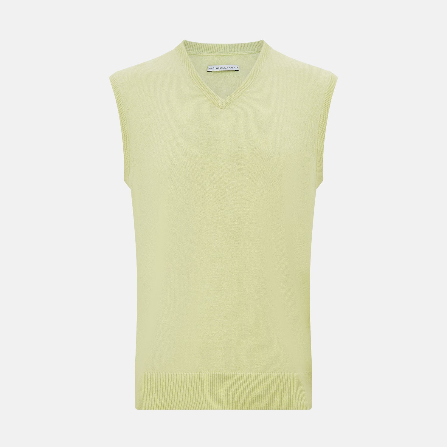 View 1 of product The Turnbull & Asser Melon Green V-neck Cashmere Vest features a ribbed hem and sleeveless design, ideal for a distinguished look. Presented against a plain white background.