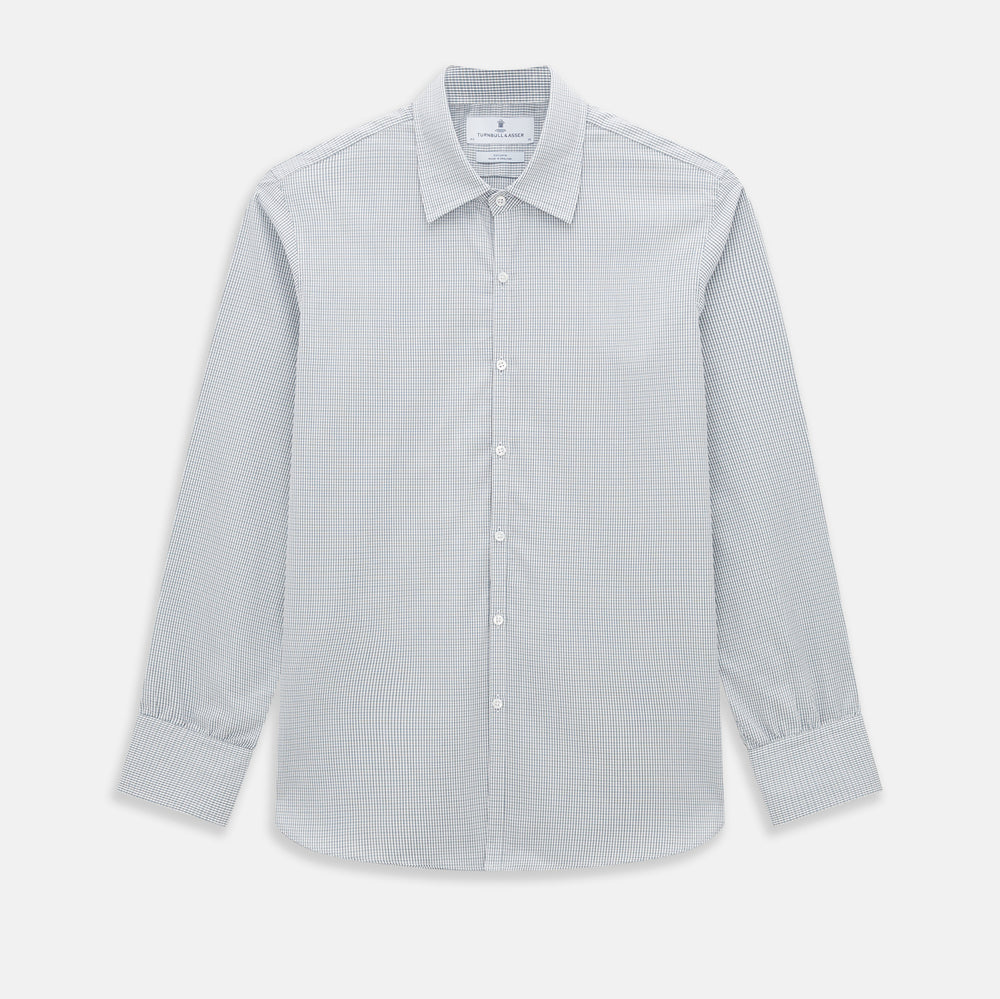 A forest green micro tattersall Westminster shirt by Turnbull & Asser with long sleeves, pointed collar, button-down front, and a tailored fit is displayed flat on a white background.