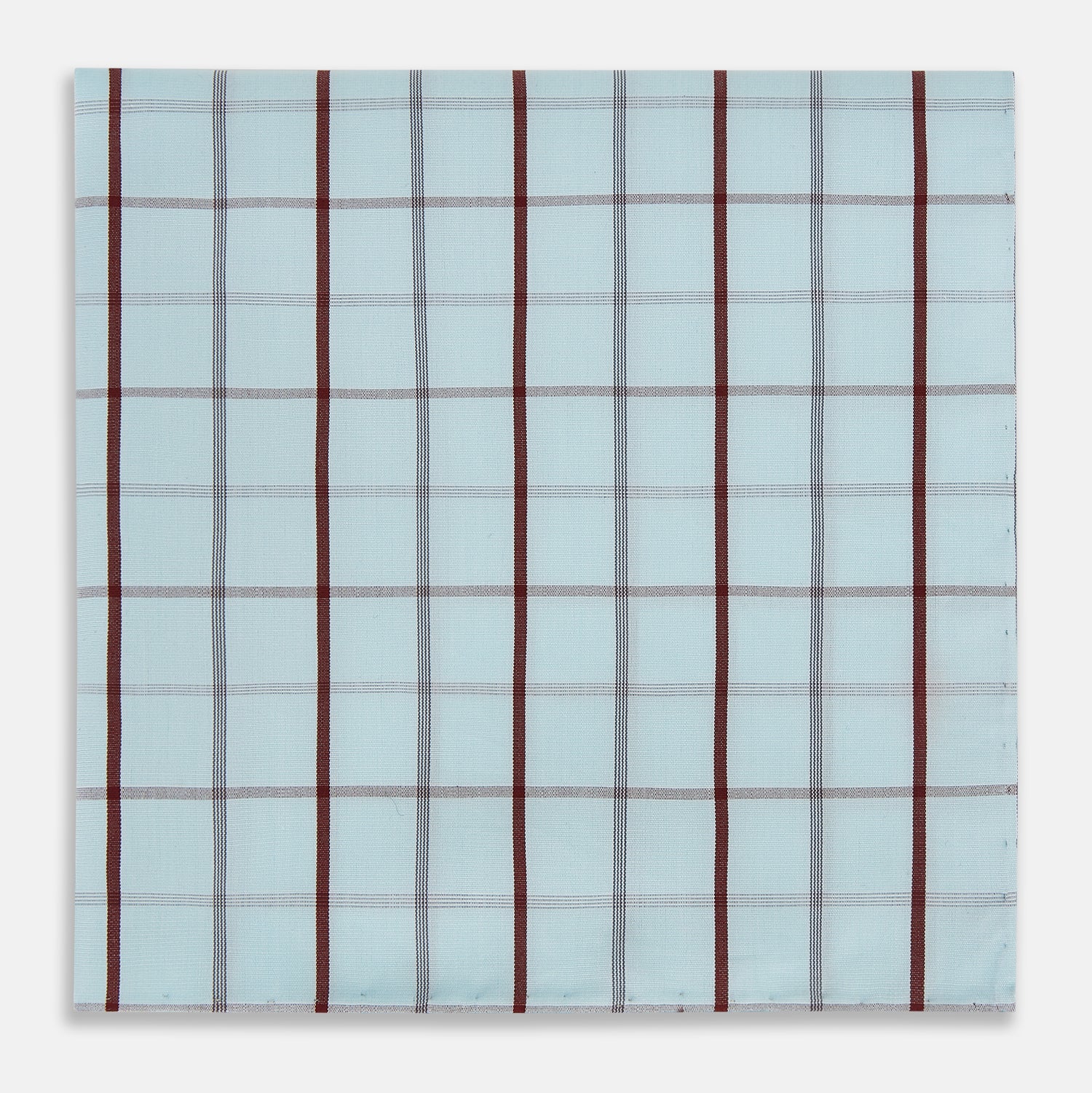View 1 of product The Turnbull & Asser Burgundy Combination Check Hand-Rolled Handkerchief, featuring a light blue plaid with thin gray lines and bold dark red stripes, is displayed flat against a white background.