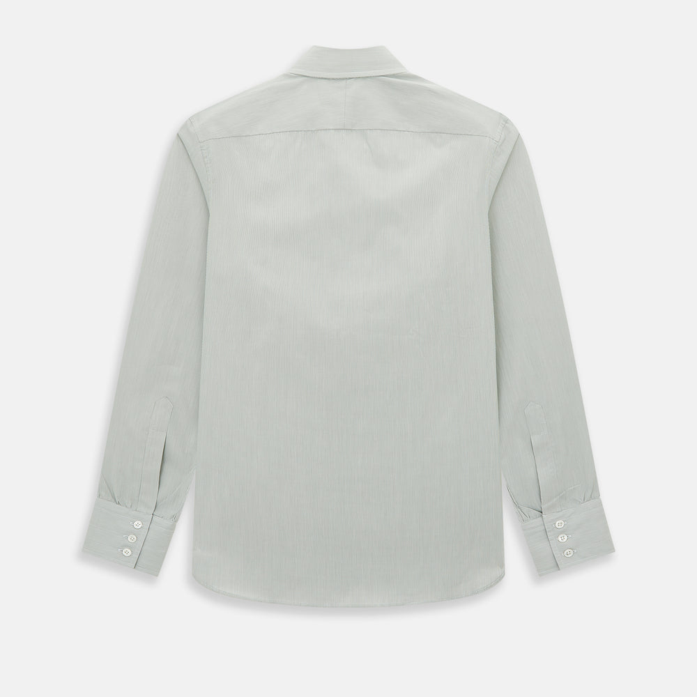 A dark green hairline stripe Westminster shirt by Turnbull & Asser, featuring long sleeves, a classic collar, tailored fit, white front buttons, and buttoned cuffs, laid flat on a white background.