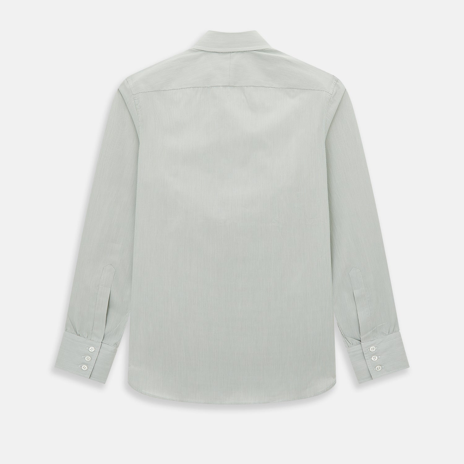 View 3 of product A dark green hairline stripe Westminster shirt by Turnbull & Asser, featuring long sleeves, a classic collar, tailored fit, white front buttons, and buttoned cuffs, laid flat on a white background.