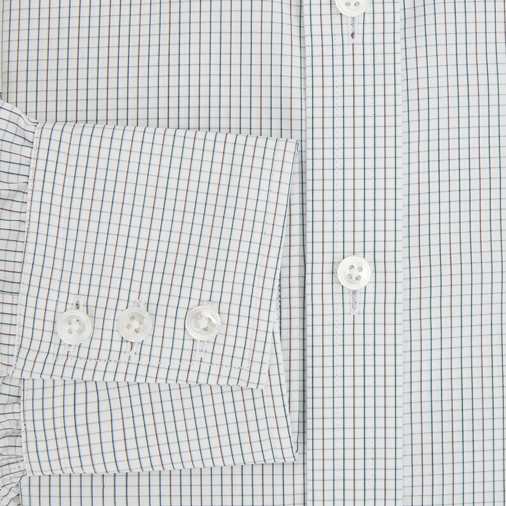 A Forest Melange and Red Graph Check Mayfair Shirt by Turnbull & Asser, featuring a classic T&A collar, button-down front, and buttoned cuffs, crafted from fine Italian cotton and shown on a plain white background.