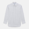 View 1 of product The Turnbull & Asser Pink Overlay Grid Check Mayfair Shirt is a long-sleeved, button-up with a collar and buttoned cuffs, featuring a white base and thin pink grid lines. Laid flat against a white surface.