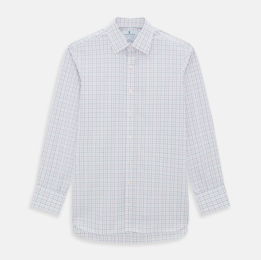 The Turnbull & Asser Pink Overlay Grid Check Mayfair Shirt is a long-sleeved, button-up with a collar and buttoned cuffs, featuring a white base and thin pink grid lines. Laid flat against a white surface.
