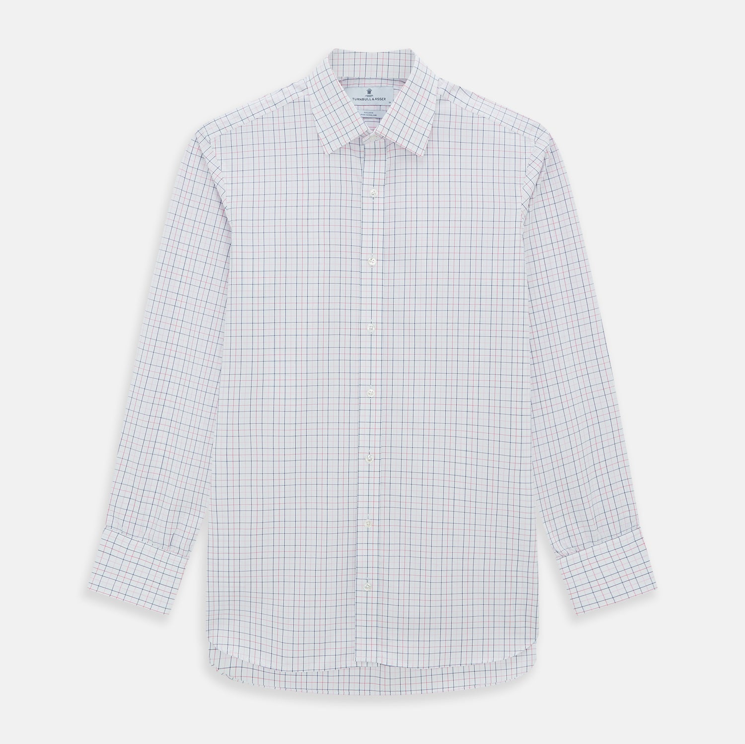 View 1 of product The Turnbull & Asser Pink Overlay Grid Check Mayfair Shirt is a long-sleeved, button-up with a collar and buttoned cuffs, featuring a white base and thin pink grid lines. Laid flat against a white surface.
