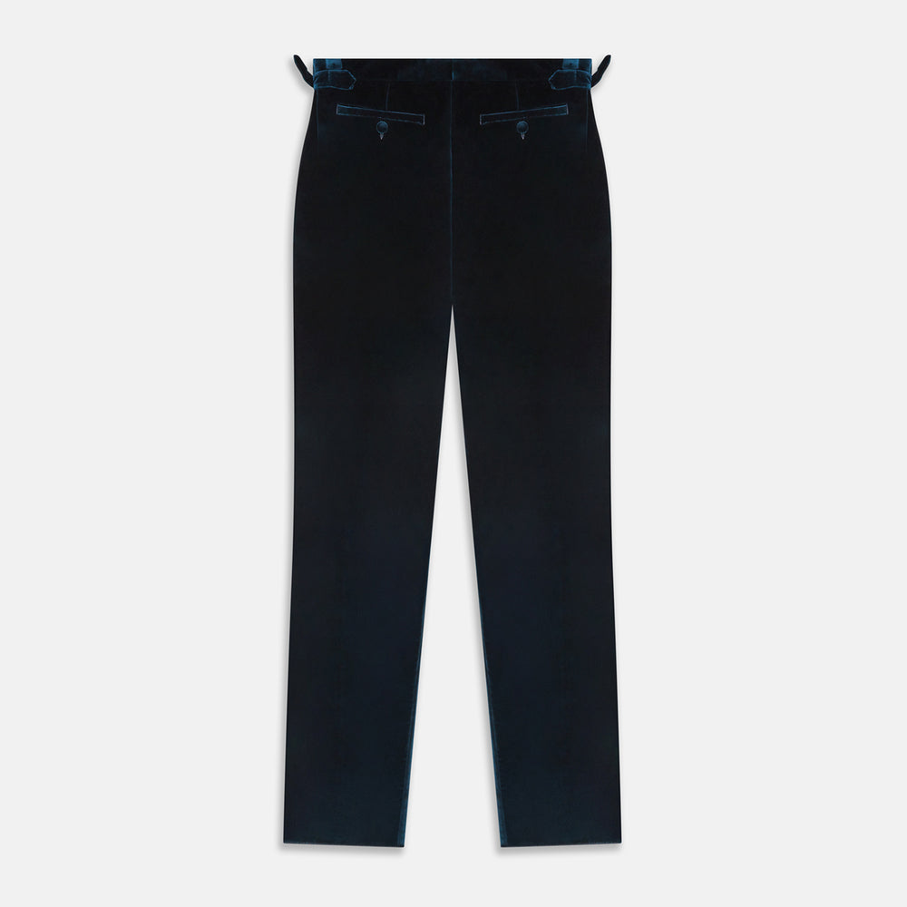 The Teal Velvet Jonathan Trousers by Turnbull & Asser feature a side tab adjuster, straight legs, and a concealed front closure for a refined tailored look, shown on a white background.