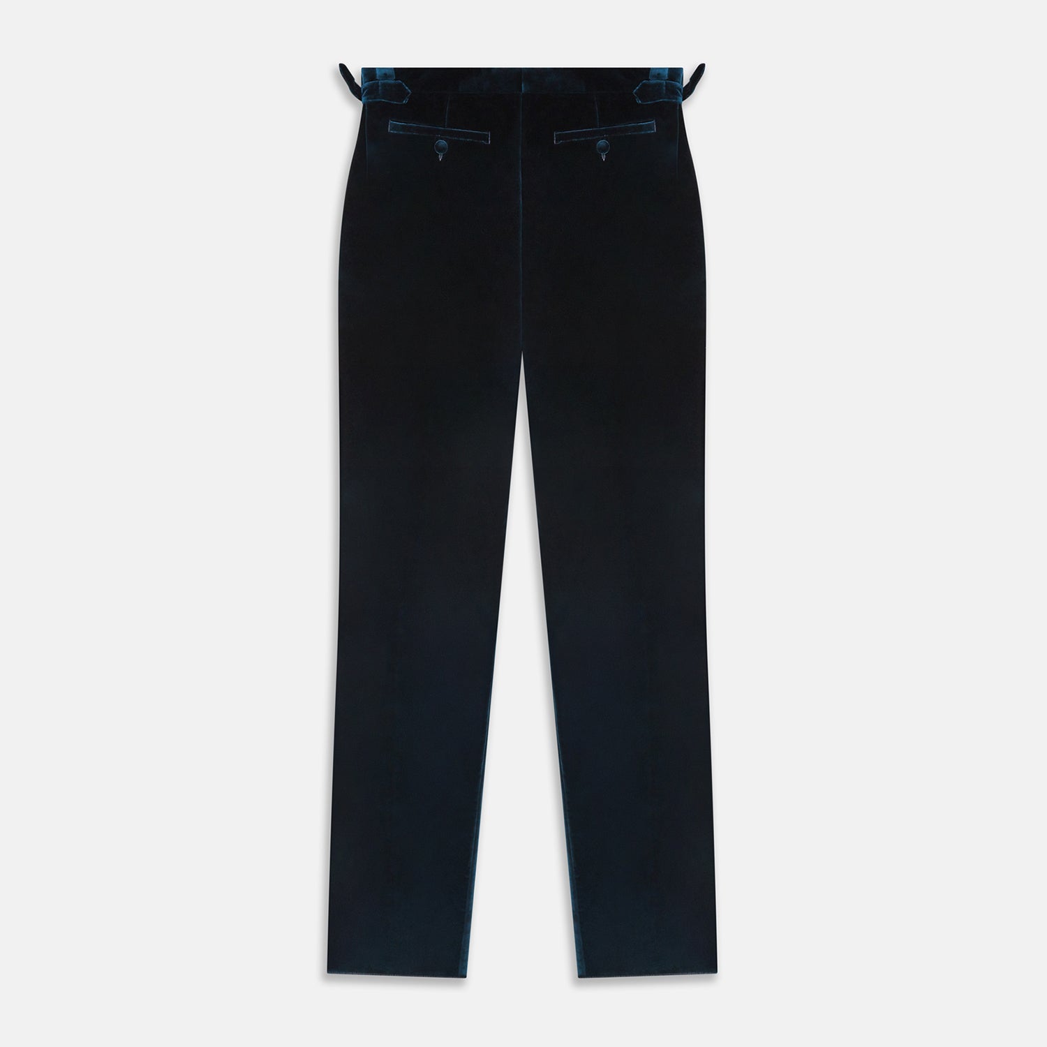 View 4 of product The Teal Velvet Jonathan Trousers by Turnbull & Asser feature a side tab adjuster, straight legs, and a concealed front closure for a refined tailored look, shown on a white background.