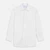 View 1 of product The Turnbull & Asser Black Fine Stripe Cotton Regular Fit Mayfair Shirt features a T&A collar, buttoned cuffs, and black fine stripes, displayed flat on a white background.