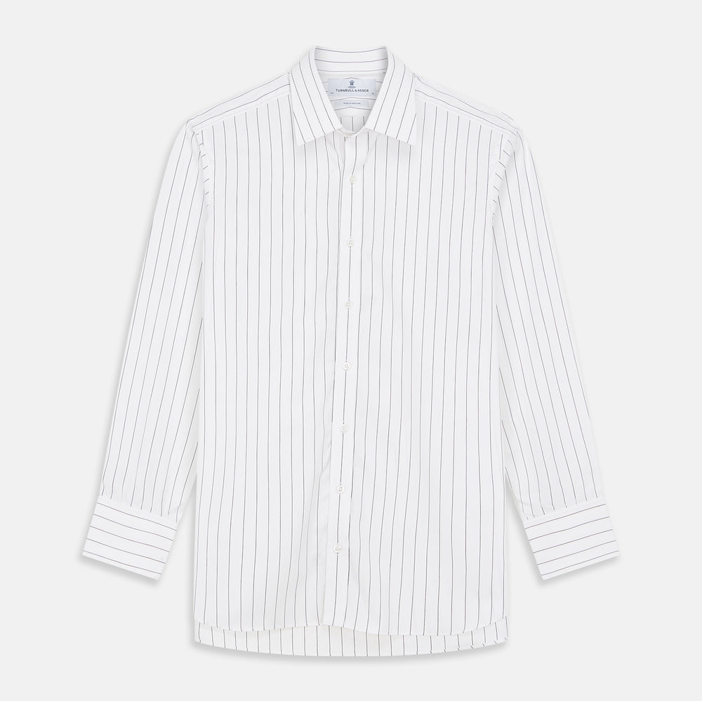 The Turnbull & Asser Black Fine Stripe Cotton Regular Fit Mayfair Shirt features a T&A collar, buttoned cuffs, and black fine stripes, displayed flat on a white background.