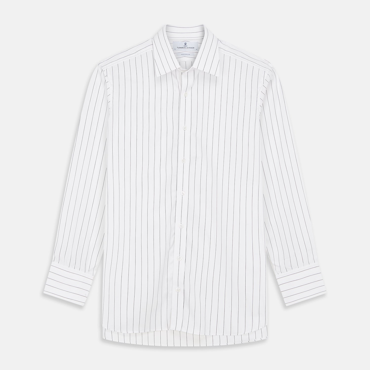 View 1 of product The Turnbull & Asser Black Fine Stripe Cotton Regular Fit Mayfair Shirt features a T&A collar, buttoned cuffs, and black fine stripes, displayed flat on a white background.