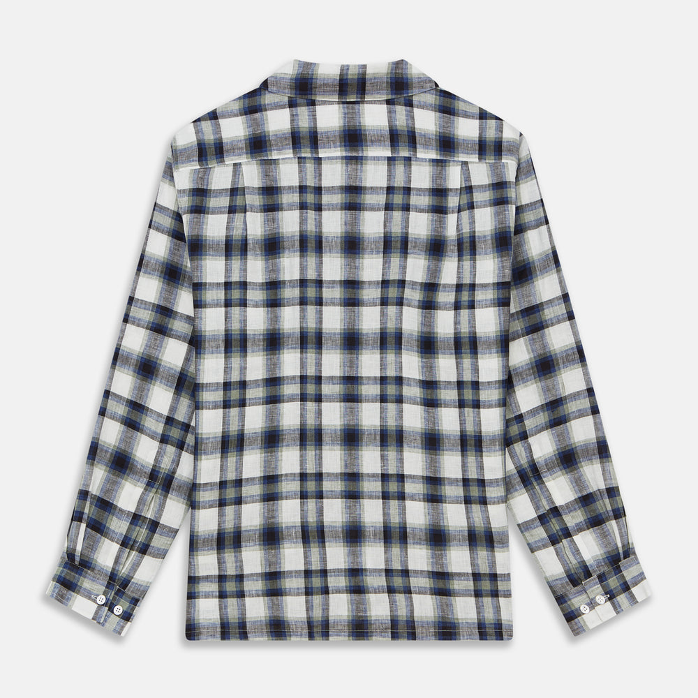 A Green Multi Check Linen Holiday Fit Winnington Shirt by Turnbull & Asser, featuring a check pattern and revere collar, displayed flat on a white background.