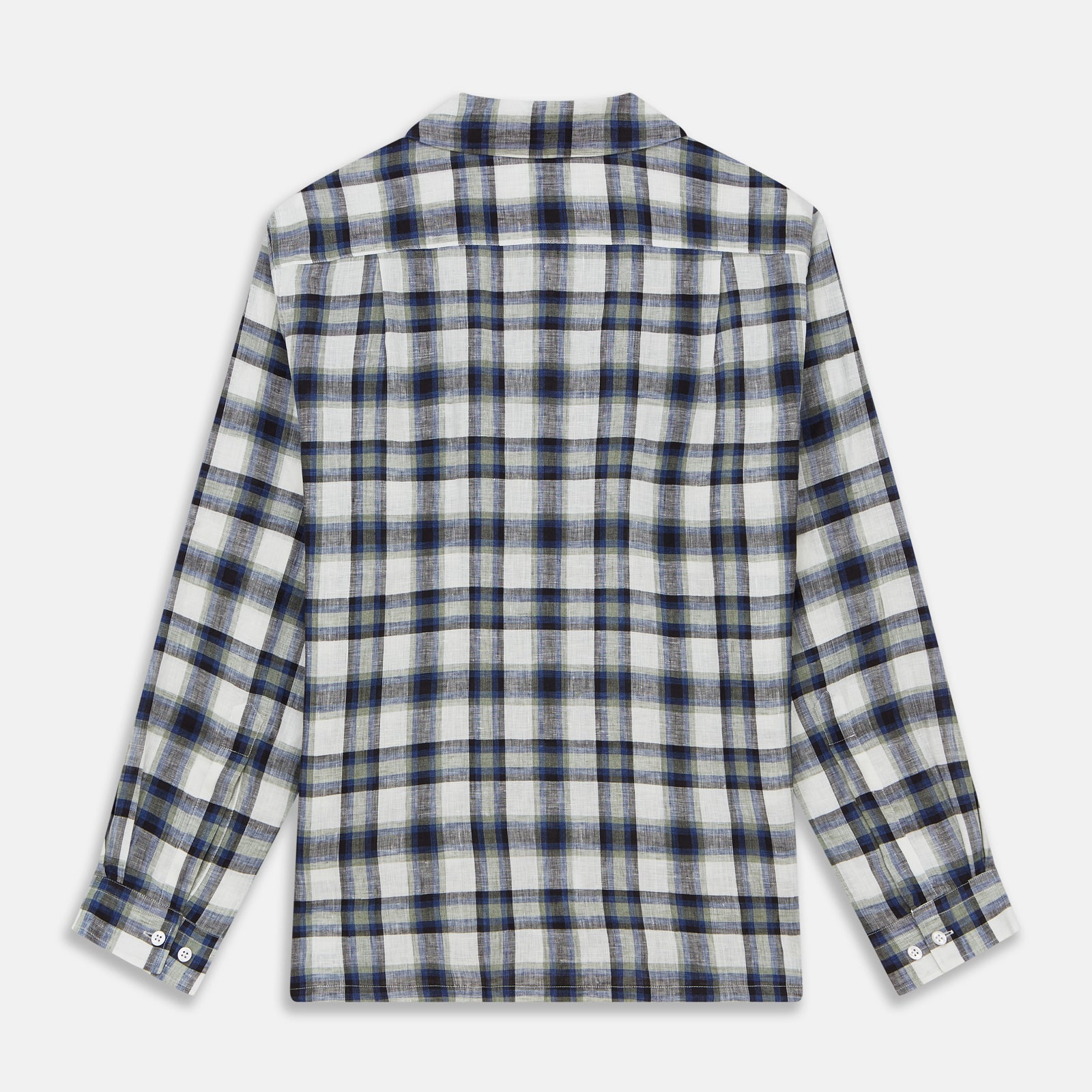 View 5 of product A Green Multi Check Linen Holiday Fit Winnington Shirt by Turnbull & Asser, featuring a check pattern and revere collar, displayed flat on a white background.