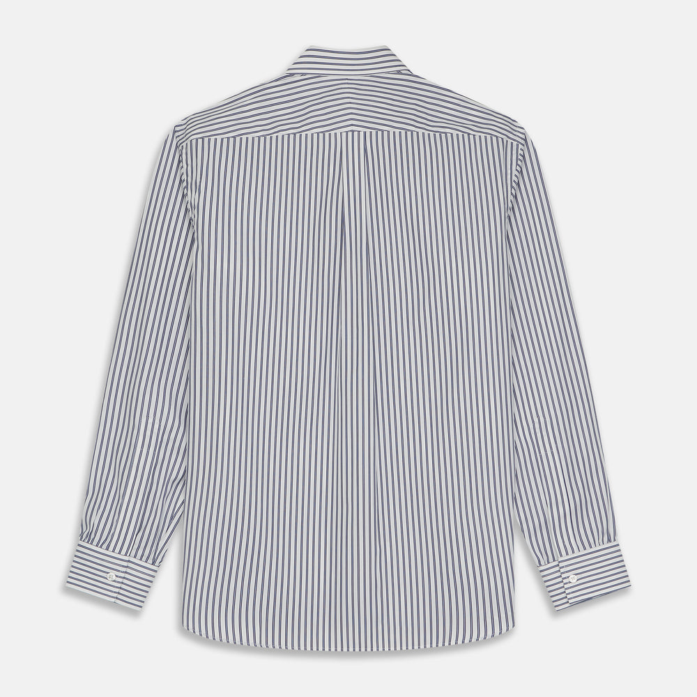 The Turnbull & Asser Navy Stripe Weekend Fit Shirt features a Derby collar, vertical navy and white stripes, 1-button cuffs, a chest pocket, and a regular fit, shown laid flat against a white background.