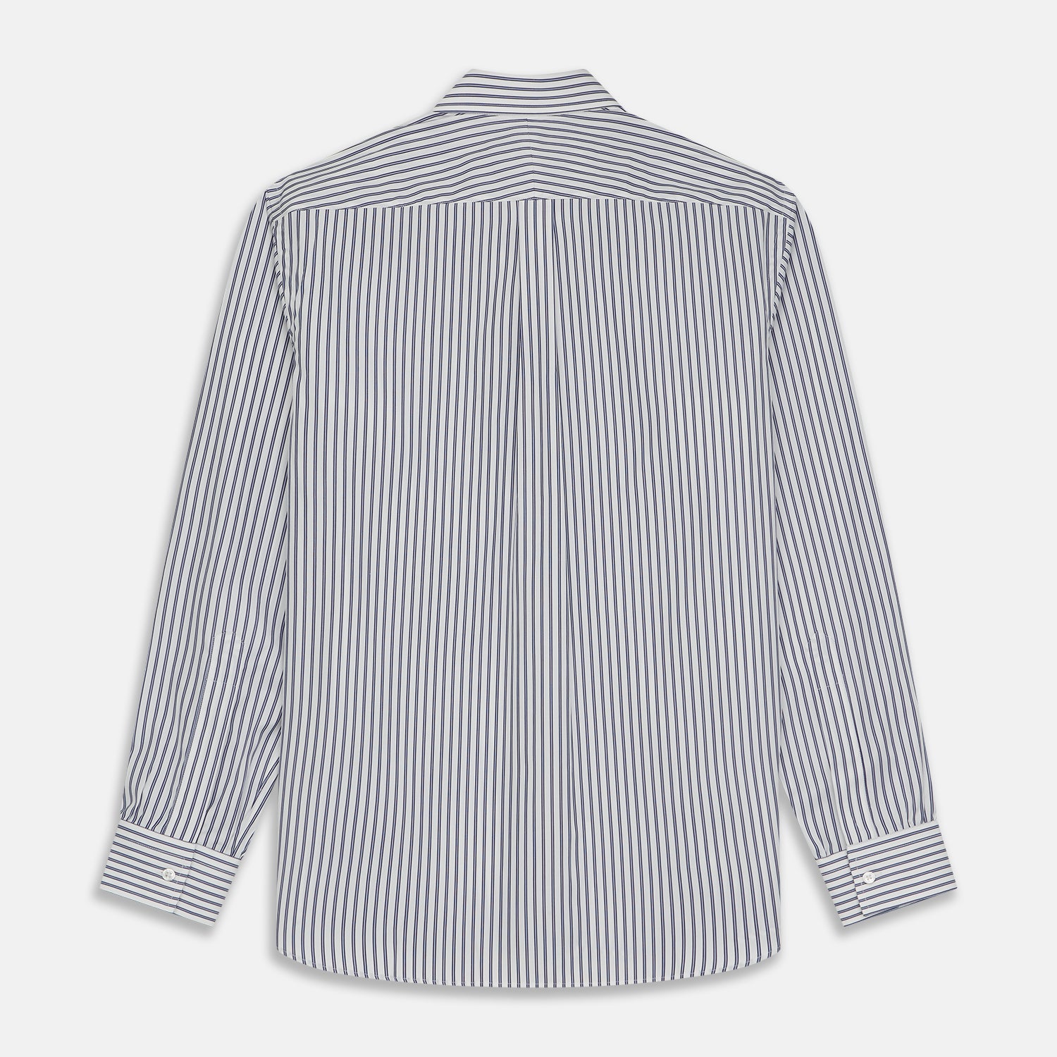 View 4 of product The Turnbull & Asser Navy Stripe Weekend Fit Shirt features a Derby collar, vertical navy and white stripes, 1-button cuffs, a chest pocket, and a regular fit, shown laid flat against a white background.