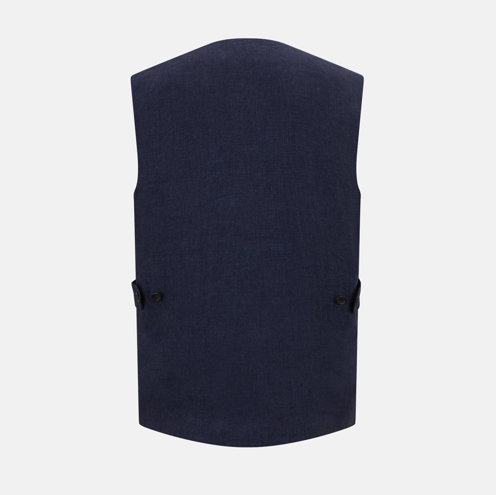 The Turnbull & Asser Navy Linen Twill Waistcoat is a sleeveless V-neck vest featuring two zippered side pockets and a chest pocket, shown on a plain white background.