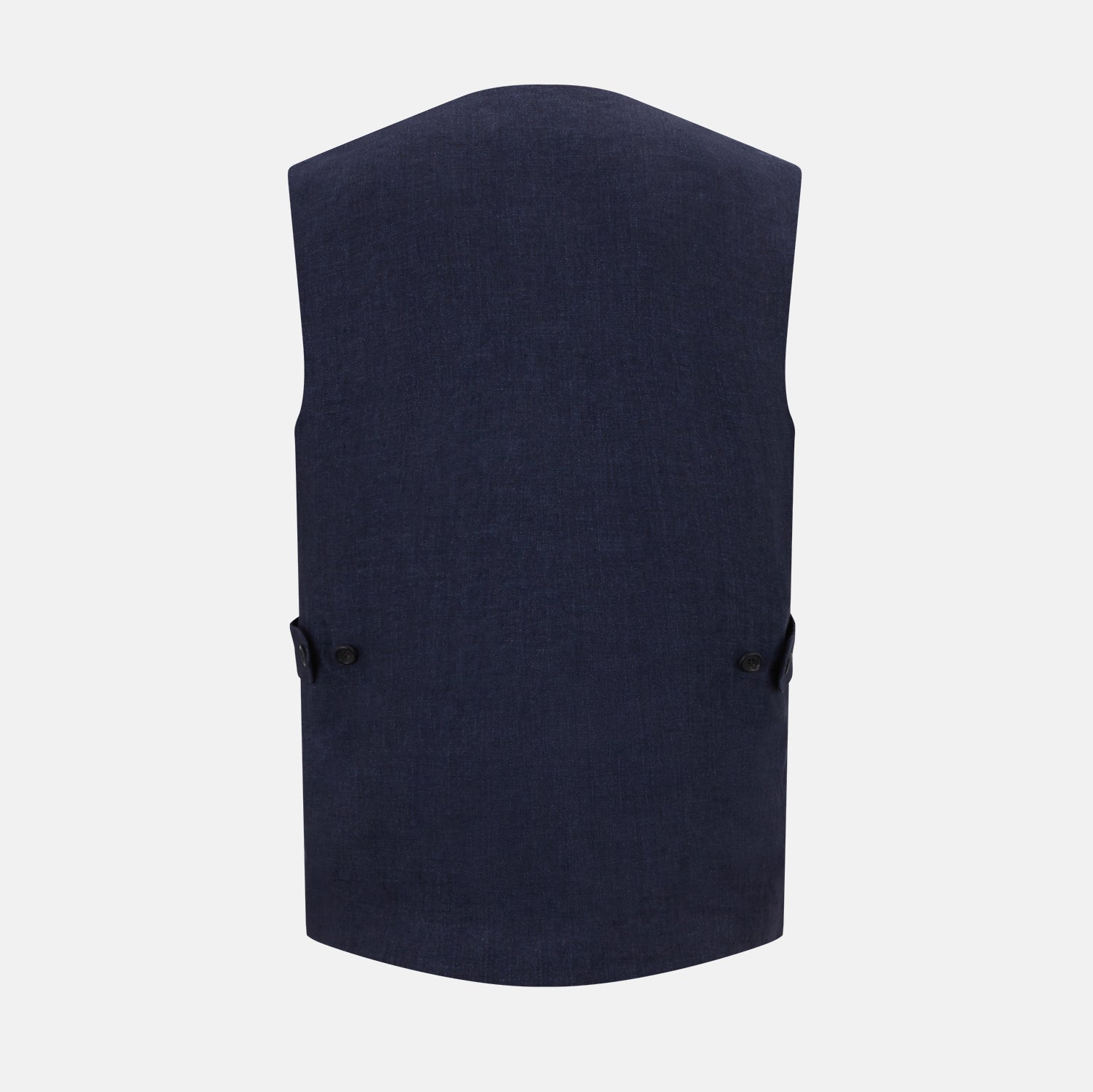View 3 of product The Turnbull & Asser Navy Linen Twill Waistcoat is a sleeveless V-neck vest featuring two zippered side pockets and a chest pocket, shown on a plain white background.