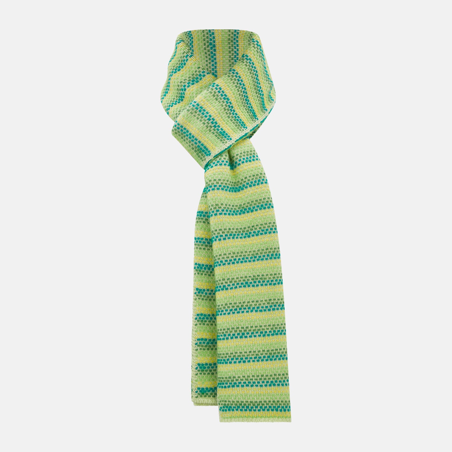 View 1 of product The Turnbull & Asser Green, Yellow and Teal Rib-Jacquard Cashmere Knitted Scarf features horizontal stripes and a luxurious finish—an elegant accessory to elevate any look.