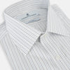 View 2 of product The Turnbull & Asser Blue Multi-Tone Double Pinstripe Mayfair Shirt, crafted from premium Italian cotton with a pointed collar, buttoned cuffs, and long sleeves, is shown on a plain white background.