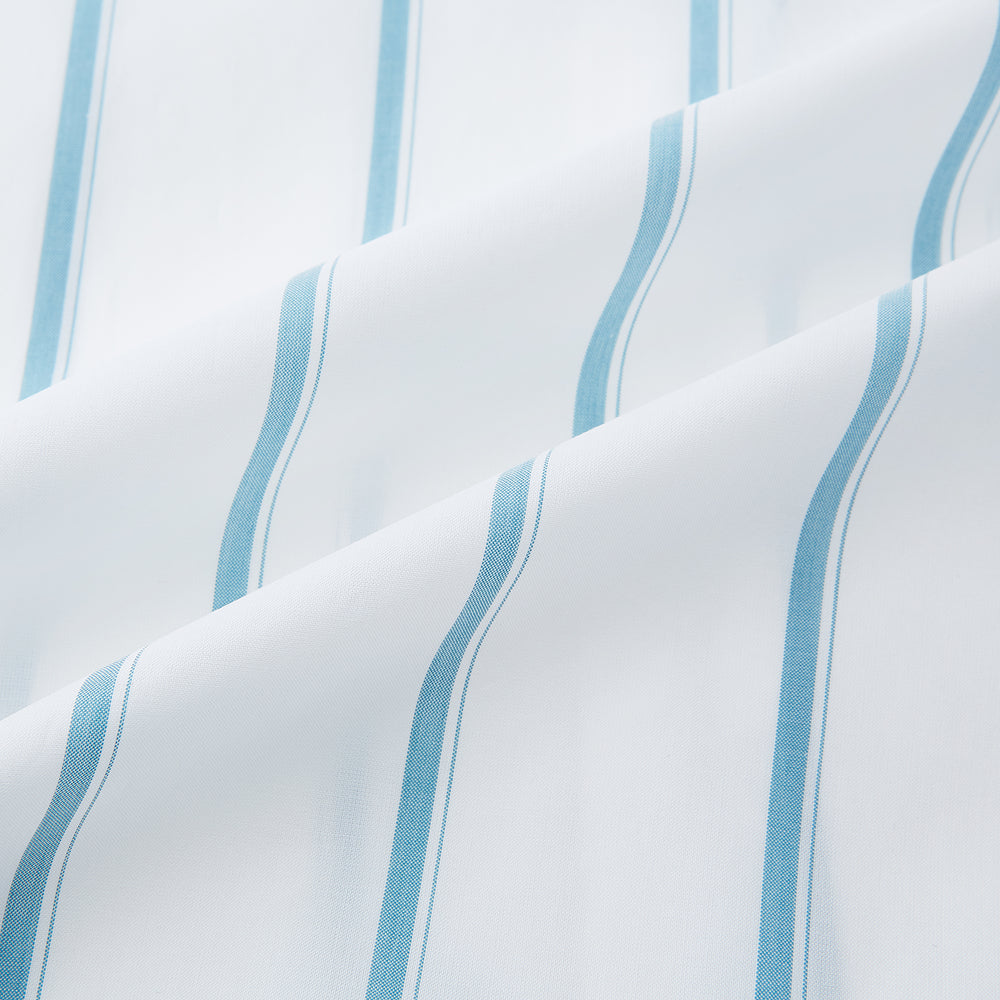 The Turnbull & Asser Turquoise Track Stripe Mayfair Shirt is crafted from Italian cotton with long sleeves, turquoise vertical stripes, a classic collar, and buttoned cuffs, displayed on a plain white background.