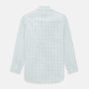 View 3 of product The Turnbull & Asser Dark Green Grid Check Mayfair Shirt features a white base with blue and dark green checks, a classic T&A collar, buttoned cuffs, and a Mayfair fit. The long-sleeve shirt is shown laid flat on a white background.