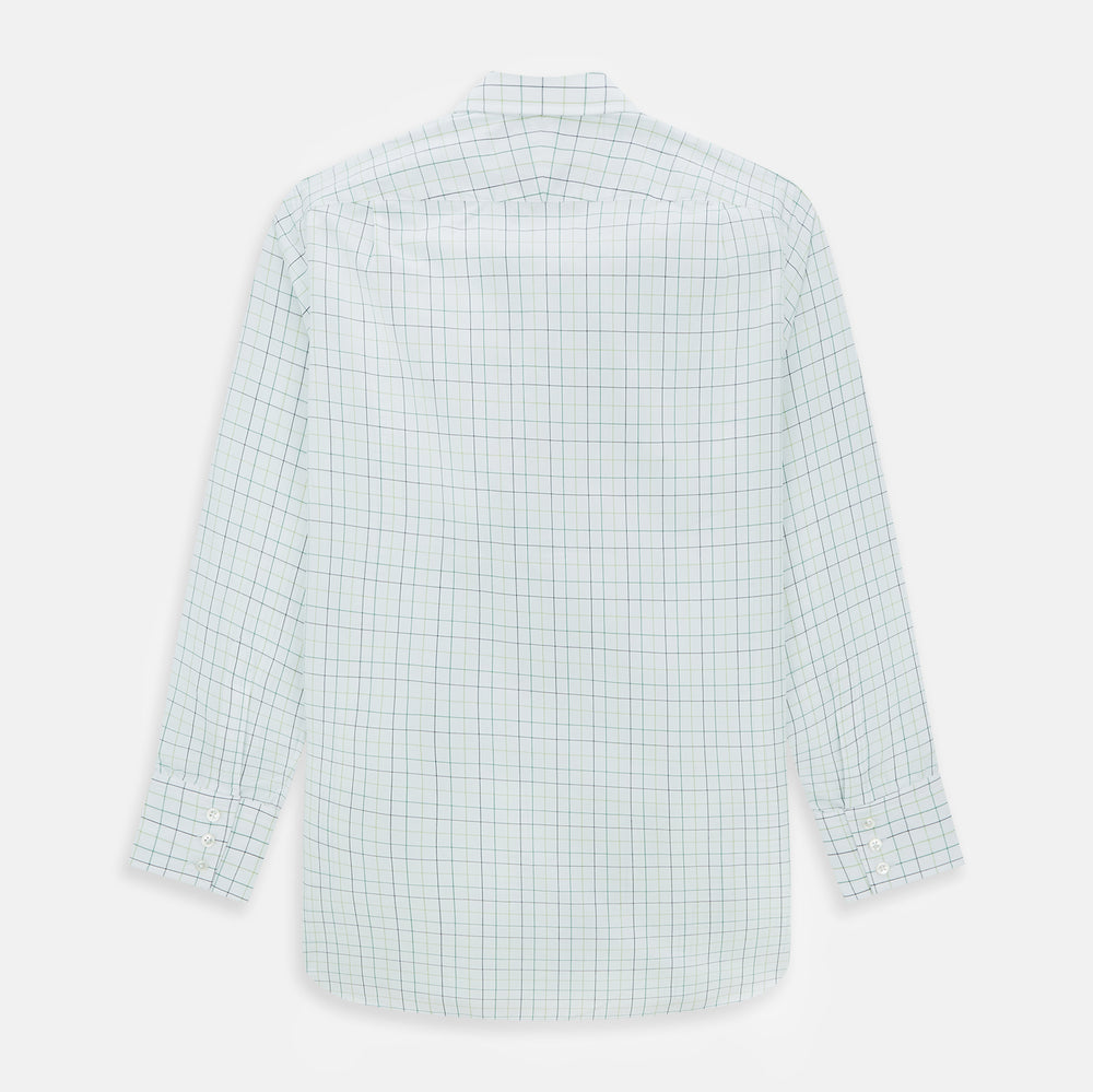 The Turnbull & Asser Dark Green Grid Check Mayfair Shirt features a white base with blue and dark green checks, a classic T&A collar, buttoned cuffs, and a Mayfair fit. The long-sleeve shirt is shown laid flat on a white background.