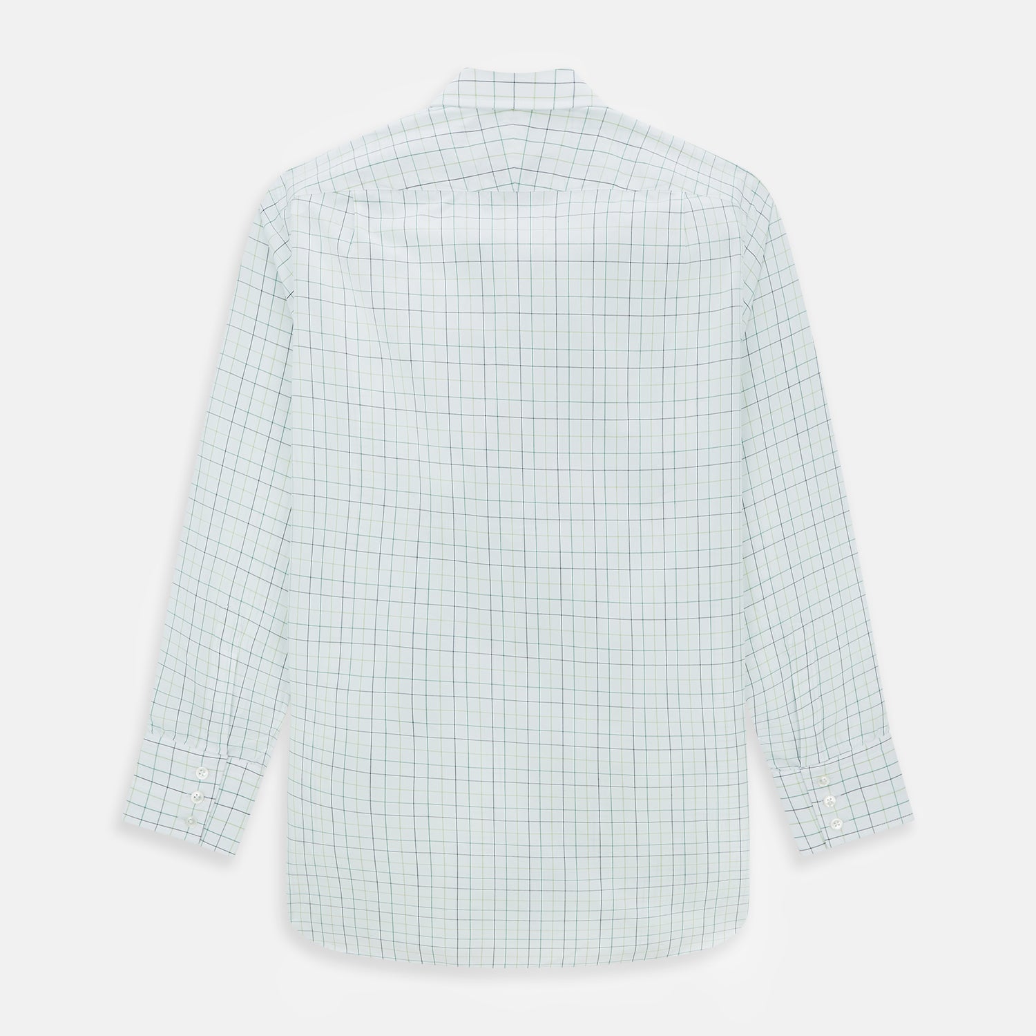 View 3 of product The Turnbull & Asser Dark Green Grid Check Mayfair Shirt features a white base with blue and dark green checks, a classic T&A collar, buttoned cuffs, and a Mayfair fit. The long-sleeve shirt is shown laid flat on a white background.