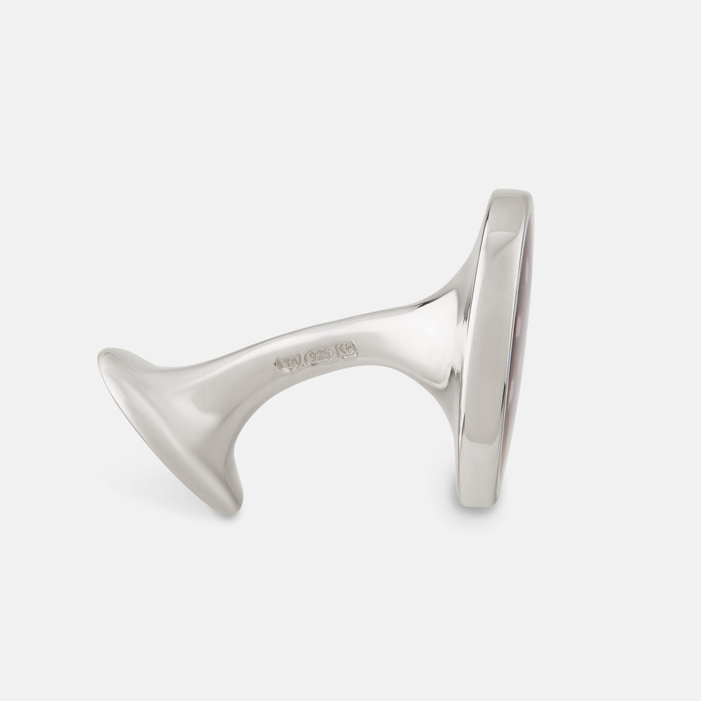 Turnbull & Asser Burgundy Spotted Circle Enamel Cufflinks feature round burgundy faces with evenly spaced white polka dots—a refined accessory for men.