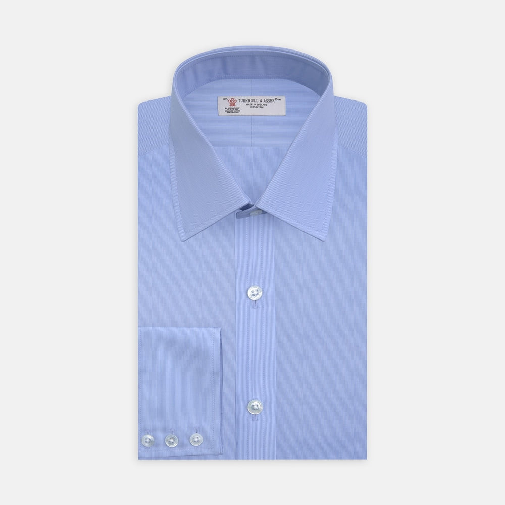 The Light Blue Fine Stripe Cotton Fabric from Turnbull & Asser features a circular blue grid pattern with fine vertical and horizontal stripes, set within a grey border on a white background for a subtly textured look.