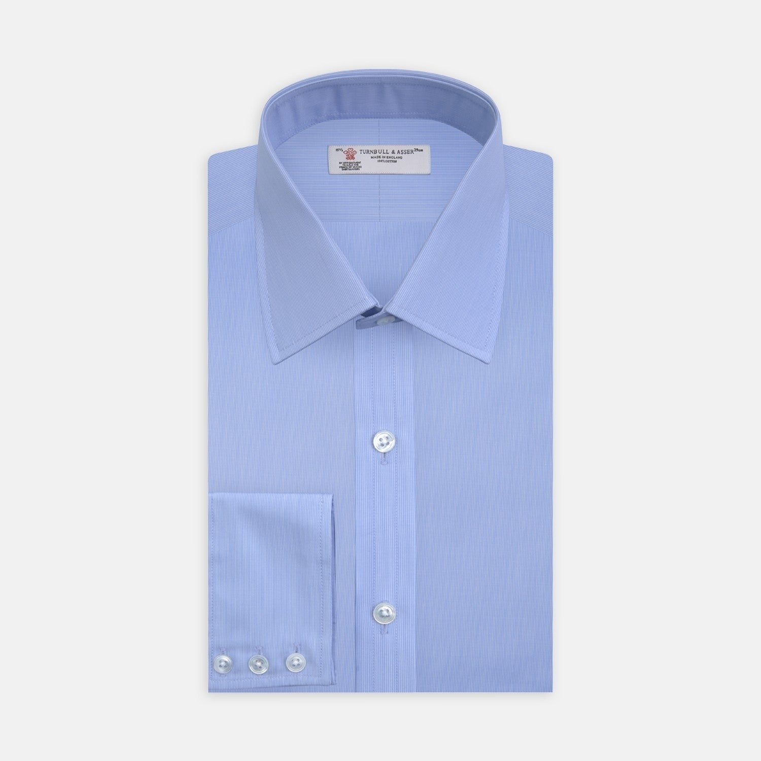 View 2 of product The Light Blue Fine Stripe Cotton Fabric from Turnbull & Asser features a circular blue grid pattern with fine vertical and horizontal stripes, set within a grey border on a white background for a subtly textured look.