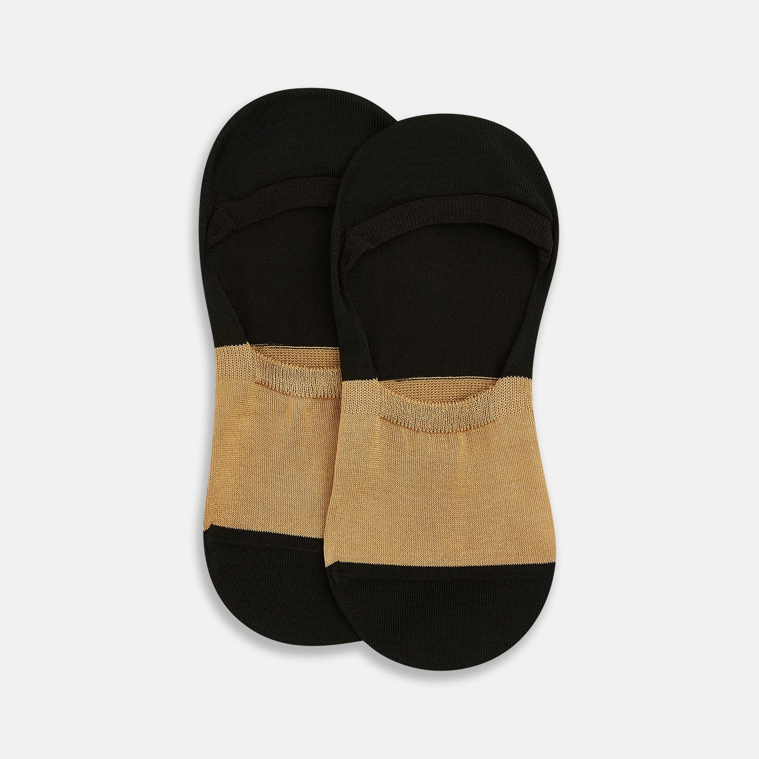 View 2 of product Turnbull & Asser's Dark Chocolate No-Show Socks are low-cut, crafted from soft cotton with a tan front and toe, and a dark chocolate heel, sole, and back—an elevated twist on classic no-show socks, shown against a plain white background.