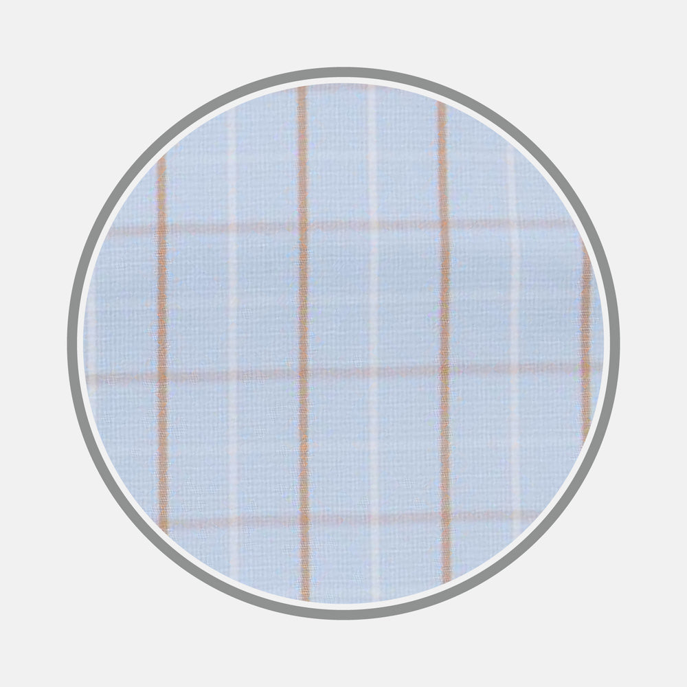A close-up of Turnbull & Asser's Beige Graph Check Cotton Fabric, showing its light beige base with fine brown and white intersecting lines in a checkered pattern, framed by a circular gray border on a plain background.
