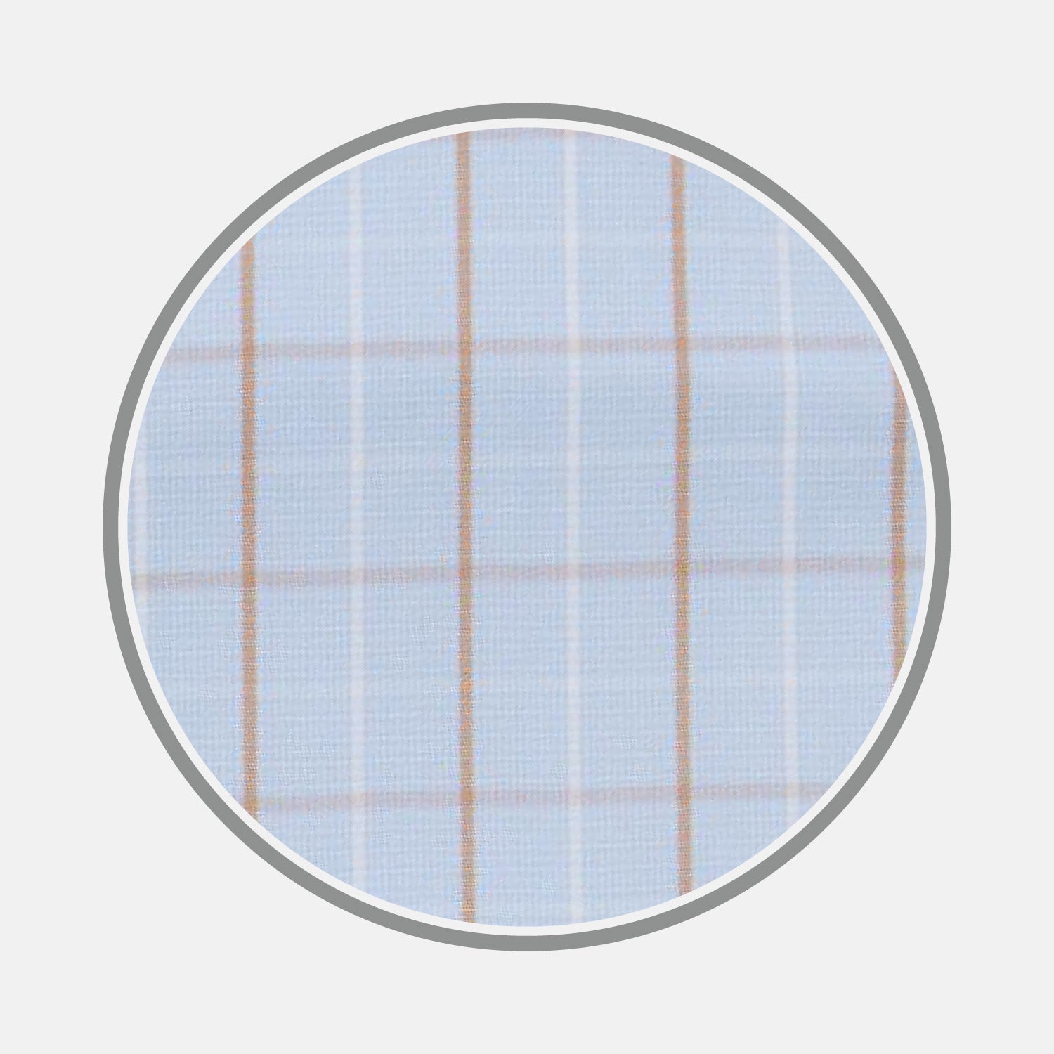 View 1 of product A close-up of Turnbull & Asser's Beige Graph Check Cotton Fabric, showing its light beige base with fine brown and white intersecting lines in a checkered pattern, framed by a circular gray border on a plain background.