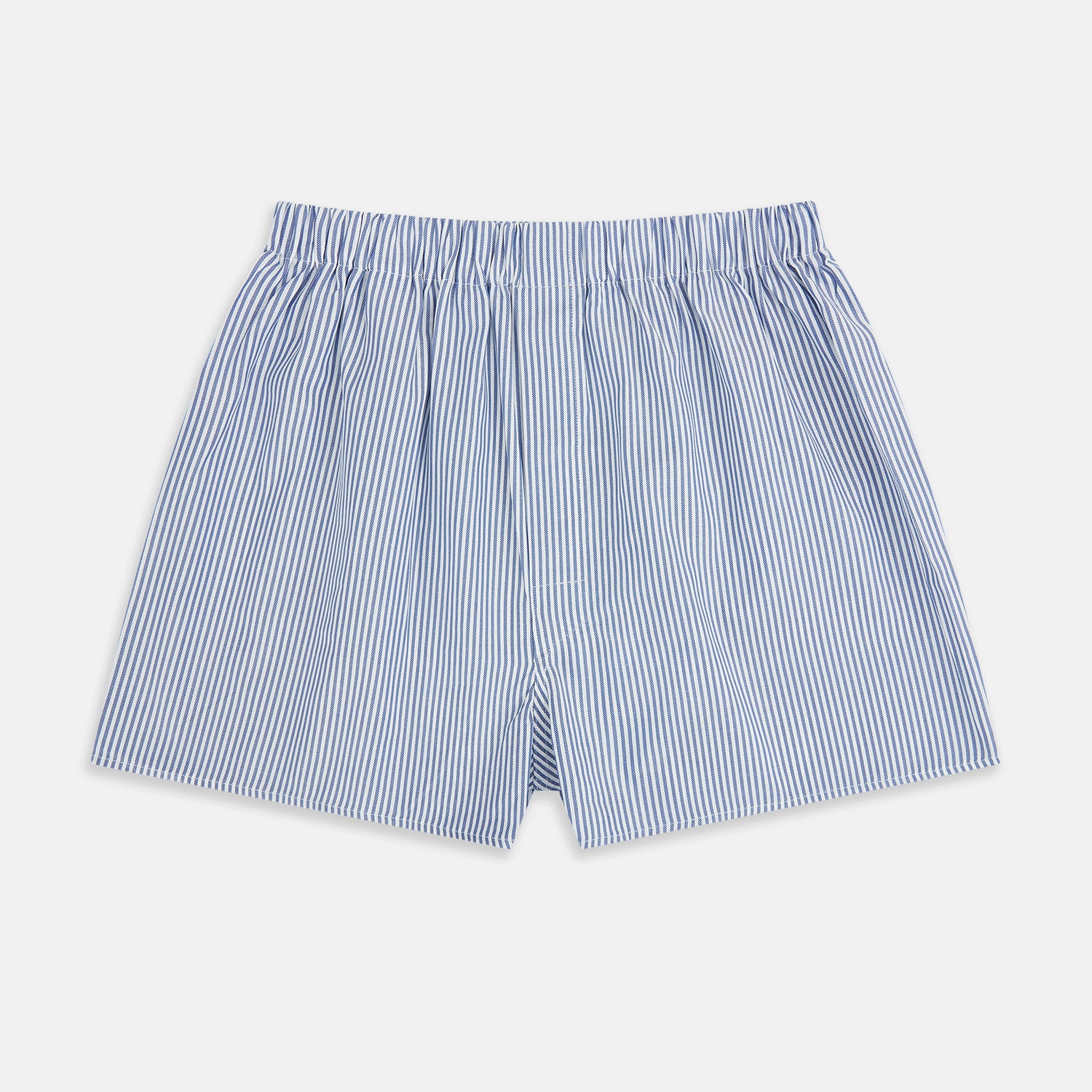 View 1 of product The Navy Bengal Stripe Godfrey Boxer Shorts by Turnbull & Asser feature blue and white vertical stripes, crafted from fine Italian cotton with an elastic waistband—luxury men’s underwear, shown laid flat on a white background.