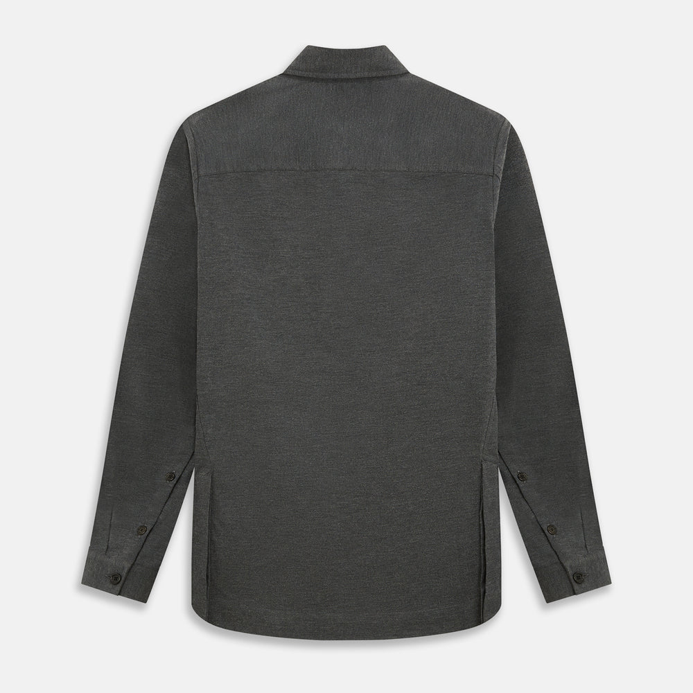 The Charcoal Melange Hampstead overshirt by Turnbull & Asser is a dark gray long-sleeve button-up with a collar, left chest pocket, and two zippered side pockets, shown laid flat on a white background.