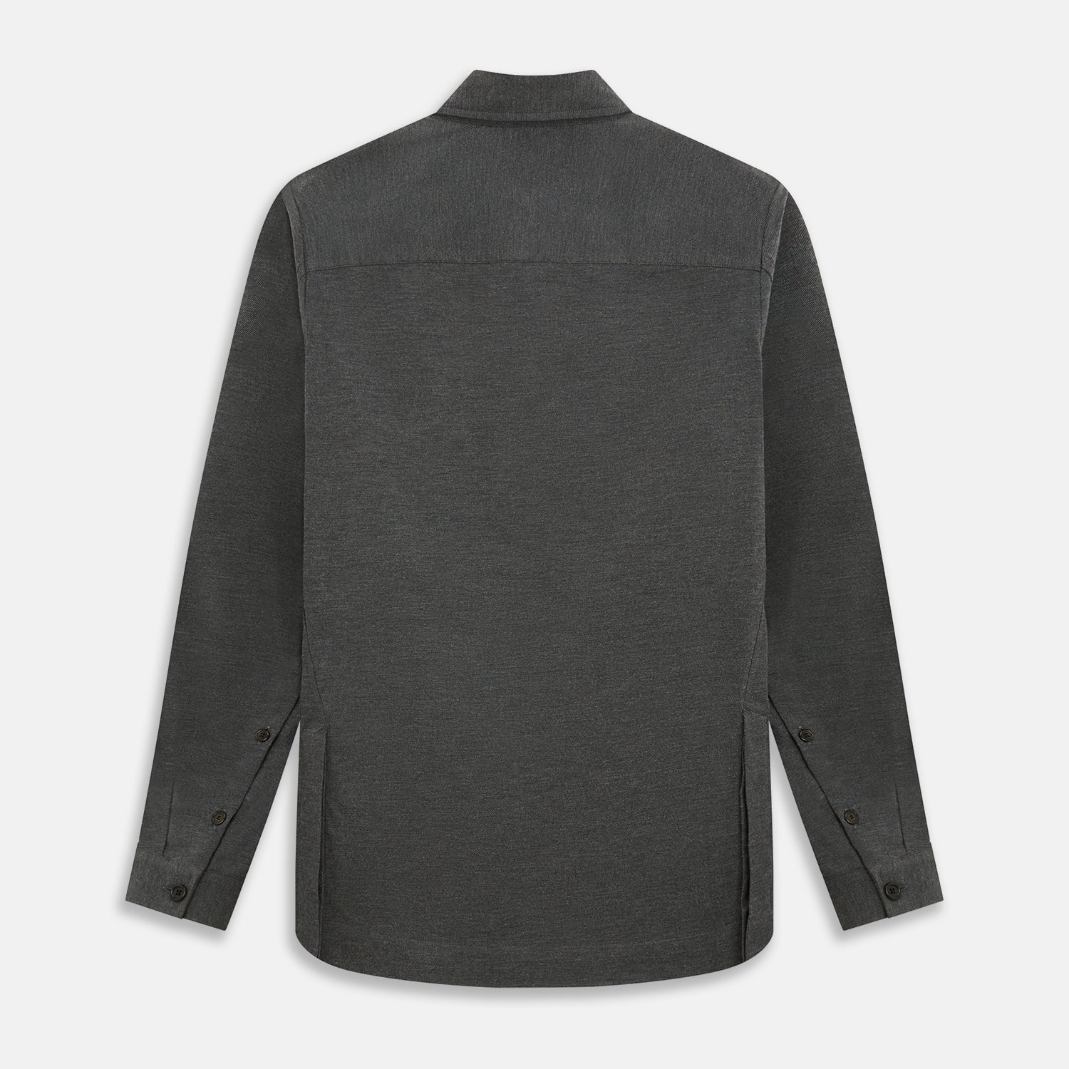 View 3 of product The Charcoal Melange Hampstead overshirt by Turnbull & Asser is a dark gray long-sleeve button-up with a collar, left chest pocket, and two zippered side pockets, shown laid flat on a white background.