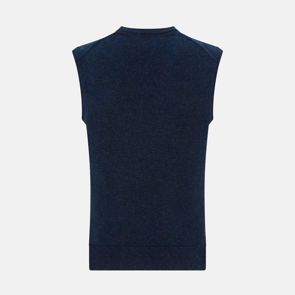 The Turnbull & Asser Navy Melange V-neck Cashmere Vest is a sleeveless jumper with a classic, pattern-free design, showcased against a plain white background for an elegant and timeless look.
