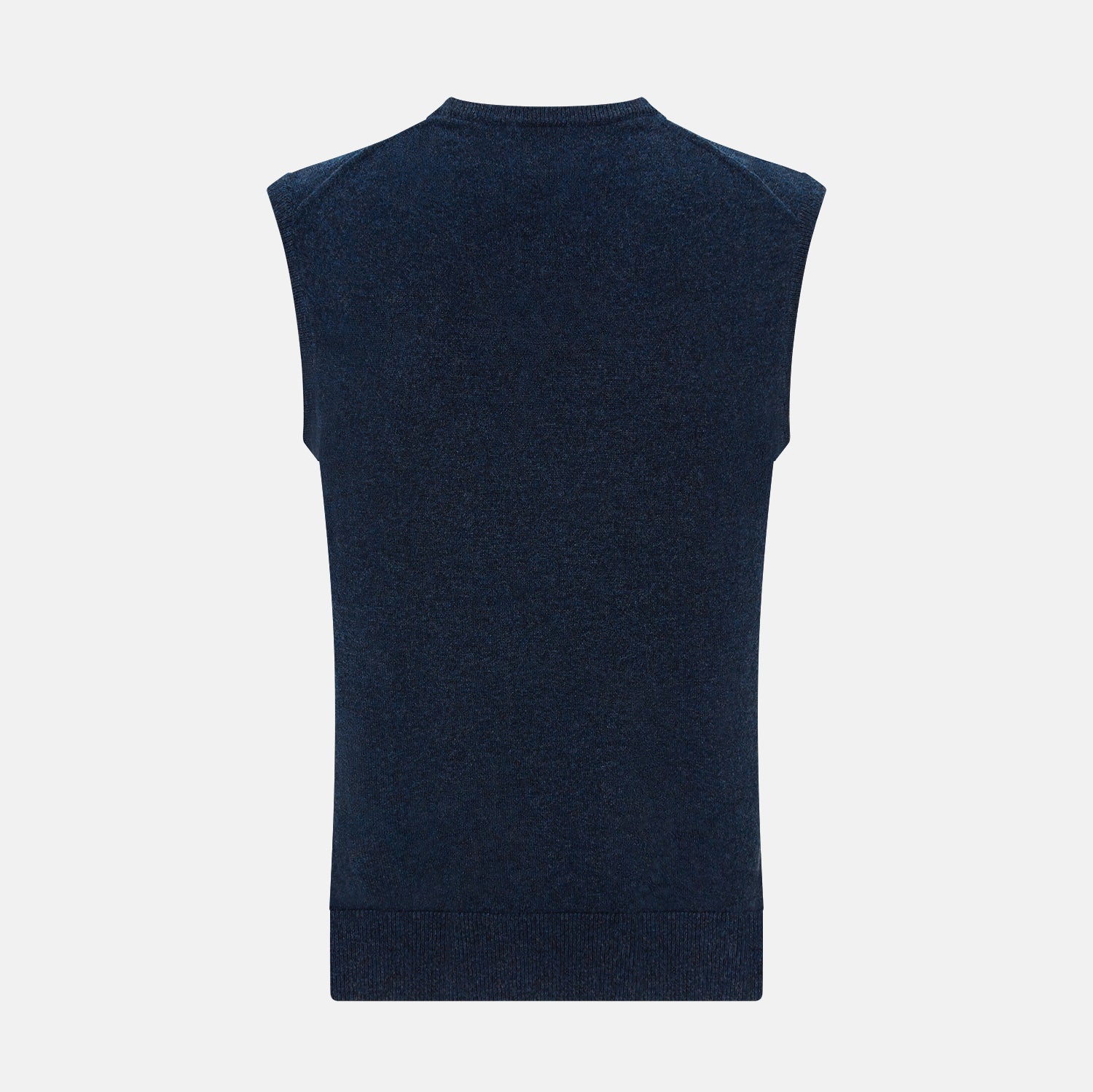 View 3 of product The Turnbull & Asser Navy Melange V-neck Cashmere Vest is a sleeveless jumper with a classic, pattern-free design, showcased against a plain white background for an elegant and timeless look.