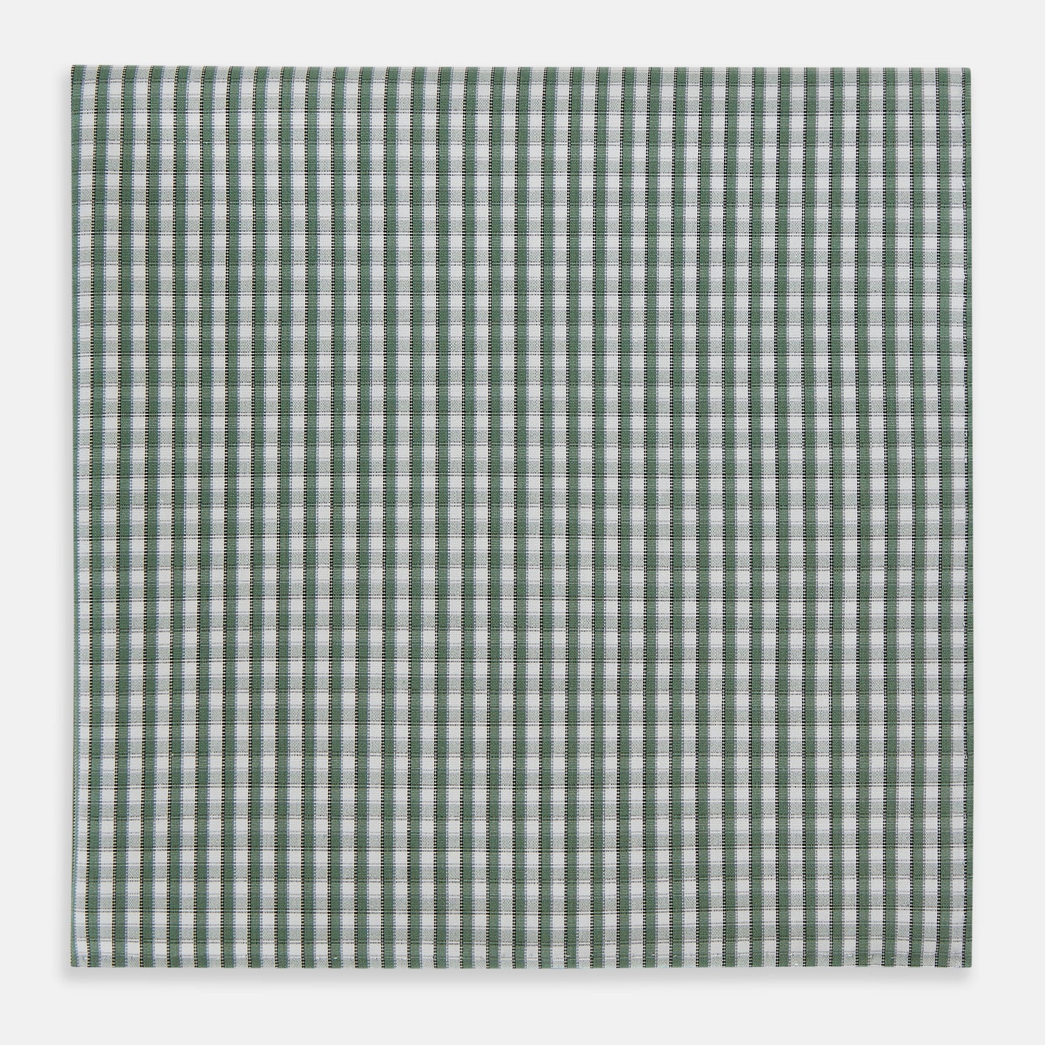 View 1 of product The Turnbull & Asser Melon Green Micro Shadow Check Hand-Rolled Handkerchief is displayed flat against a white background, showcasing its green and white check pattern and expertly hand-rolled edges.