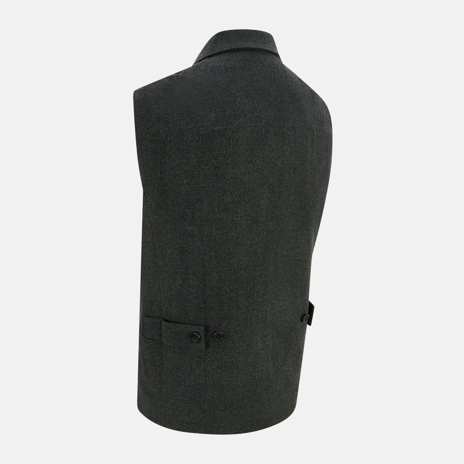View 4 of product The Graphite Melange Collared Single-breasted Waistcoat by Turnbull & Asser features a dark gray hue, front buttons, collar, two zippered side pockets, and a chest pocket—perfect for winter. Shown on a plain white background.