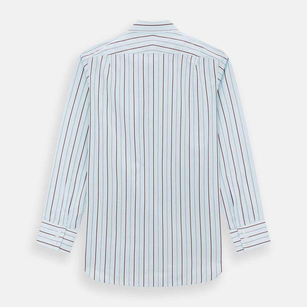 The Turnbull & Asser Burgundy Combination Stripe Mayfair Shirt features long sleeves, a classic T&A collar, and vertical black and burgundy stripes on white, laid flat against a plain white background.