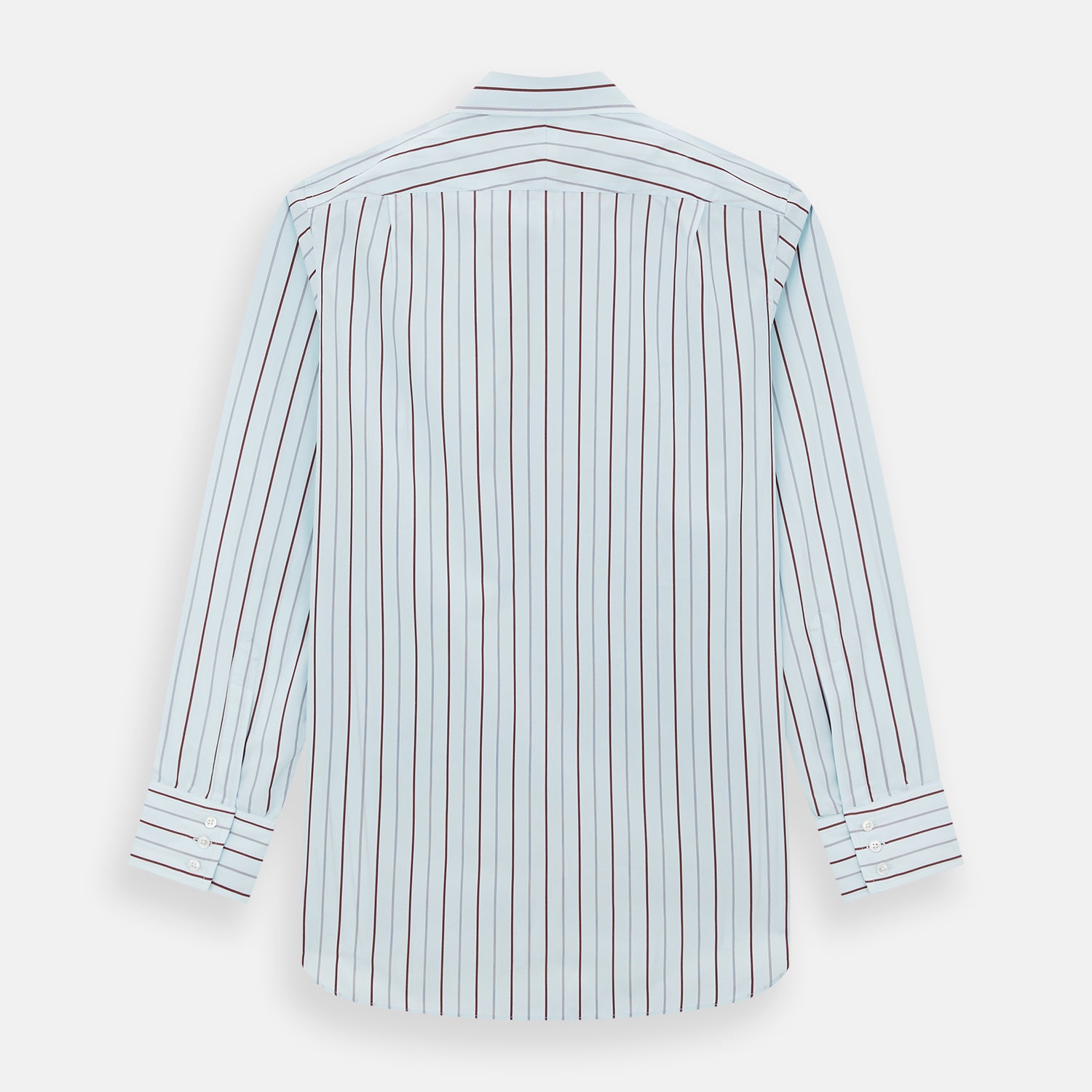 View 3 of product The Turnbull & Asser Burgundy Combination Stripe Mayfair Shirt features long sleeves, a classic T&A collar, and vertical black and burgundy stripes on white, laid flat against a plain white background.