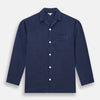 View 4 of product Turnbull & Asser Navy Silk Pyjama Set, laid flat on a white background, includes a long-sleeve button-up shirt with chest pocket and drawstring pants.
