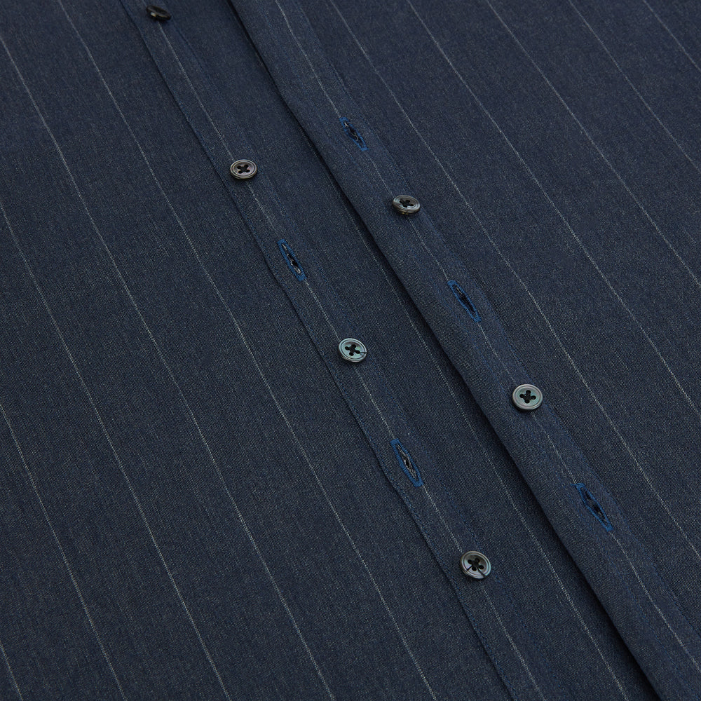The Turnbull & Asser Navy Melange Wide Stripe Westminster Shirt features a classic collar, buttoned cuffs, and a tailored fit, showcasing British craftsmanship. Laid flat on a white background.