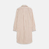View 4 of product The Burgundy Multi Striped Cotton Sussex Nightshirt by Turnbull & Asser features long sleeves, knee length, a pointed collar, chest pocket, burgundy and beige stripes on white, buttoned cuffs, and a curved hem for classic sleepwear style.