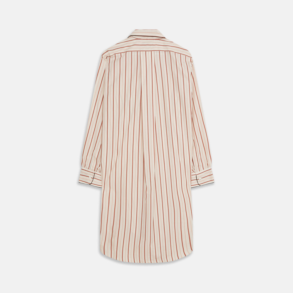The Burgundy Multi Striped Cotton Sussex Nightshirt by Turnbull & Asser features long sleeves, knee length, a pointed collar, chest pocket, burgundy and beige stripes on white, buttoned cuffs, and a curved hem for classic sleepwear style.