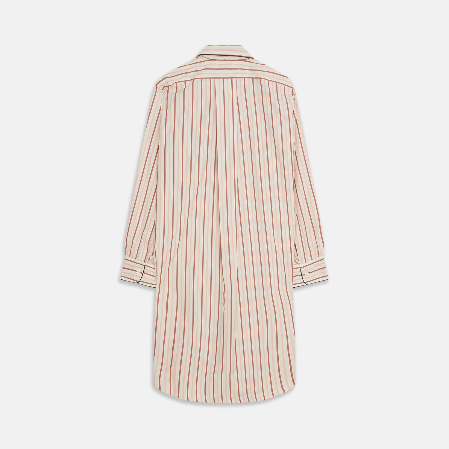 View 4 of product The Burgundy Multi Striped Cotton Sussex Nightshirt by Turnbull & Asser features long sleeves, knee length, a pointed collar, chest pocket, burgundy and beige stripes on white, buttoned cuffs, and a curved hem for classic sleepwear style.