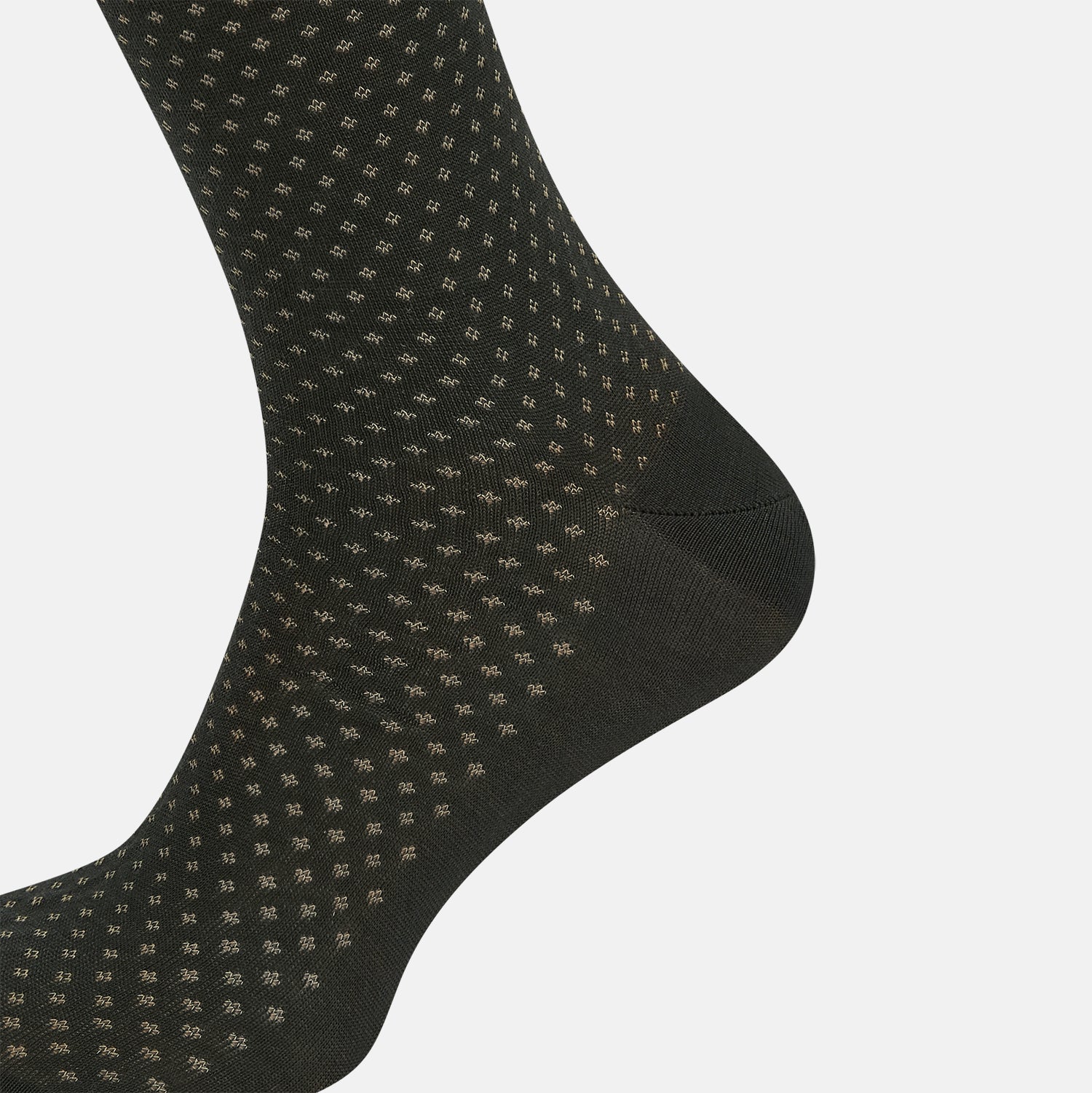 View 4 of product A single Forest Green Motif Long Sock from Turnbull & Asser, crafted from soft mercerised Egyptian cotton, features a subtle pattern, ribbed cuff, and left-foot shaping, displayed on a light background.