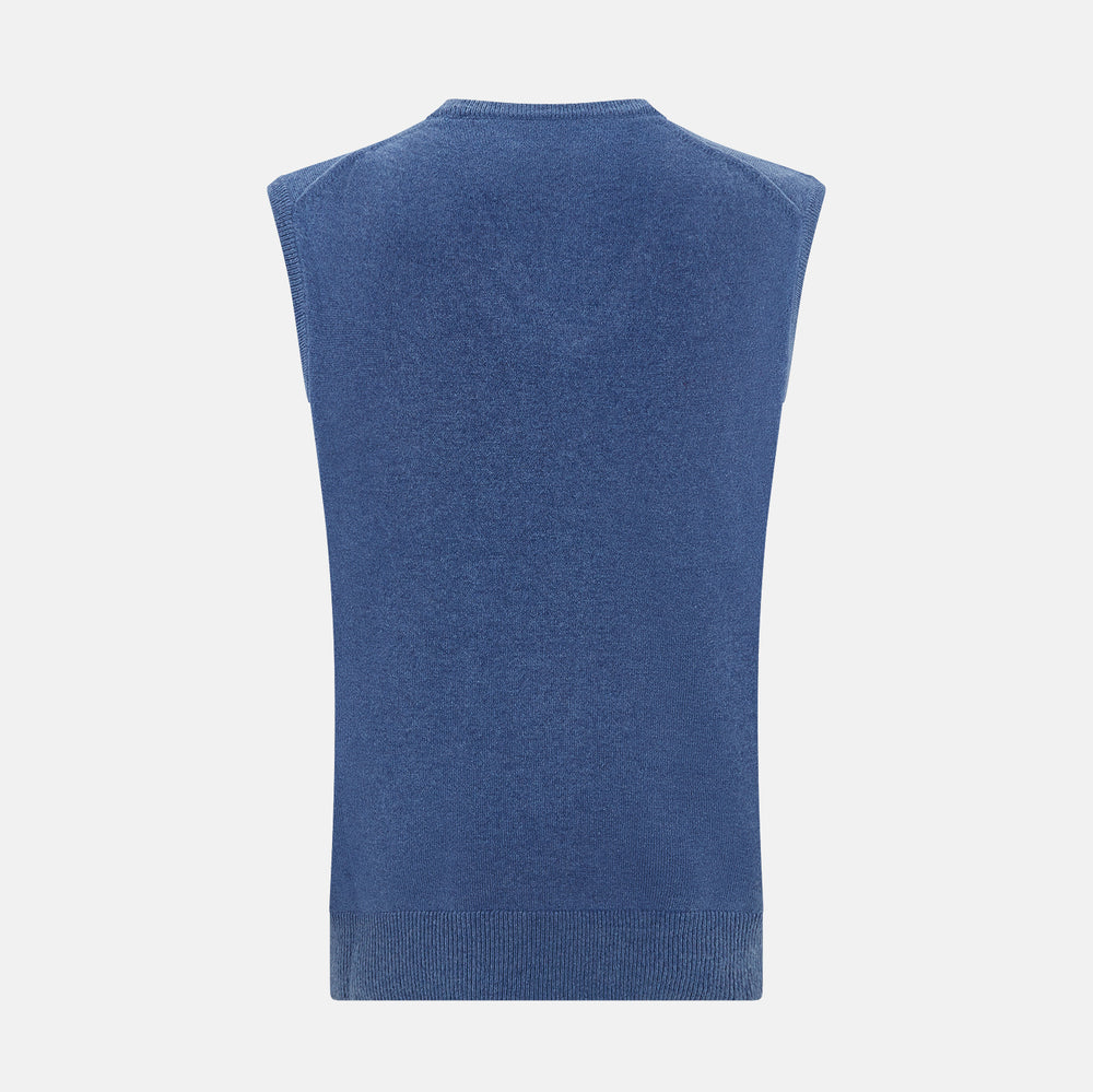 The Turnbull & Asser Blue V-Neck Sleeveless Cashmere Vest features a ribbed hem and is shown against a plain white background.