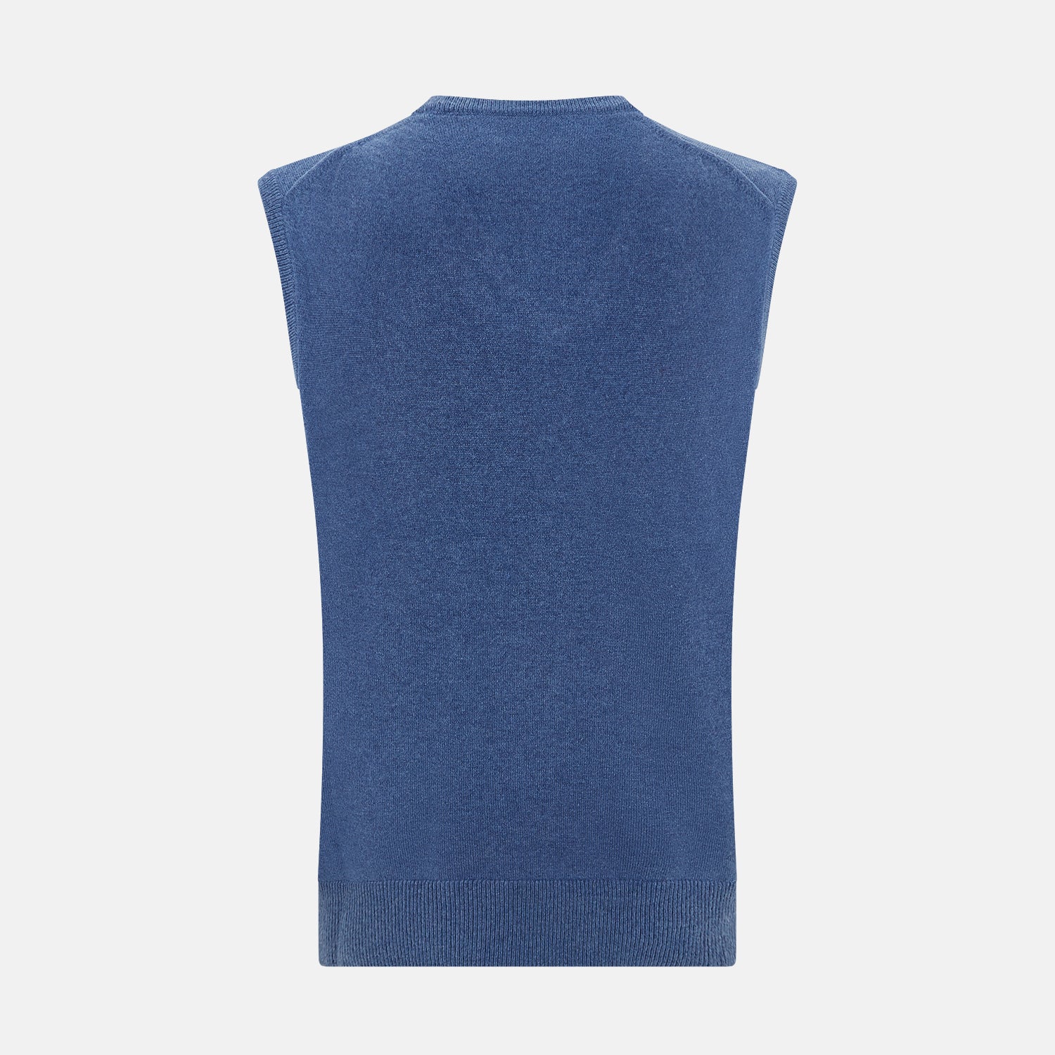 View 3 of product The Turnbull & Asser Blue V-Neck Sleeveless Cashmere Vest features a ribbed hem and is shown against a plain white background.