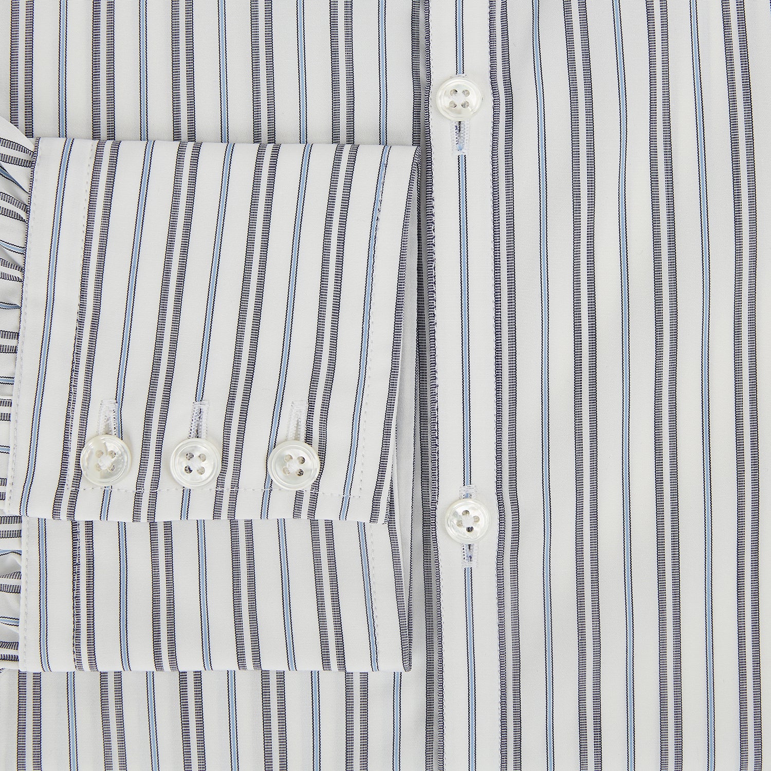 View 4 of product The Turnbull & Asser Navy and Light Blue Multi Track Stripe Westminster Shirt, featuring a button-up design with long sleeves and a signature collar, is displayed flat to highlight its expert British craftsmanship.